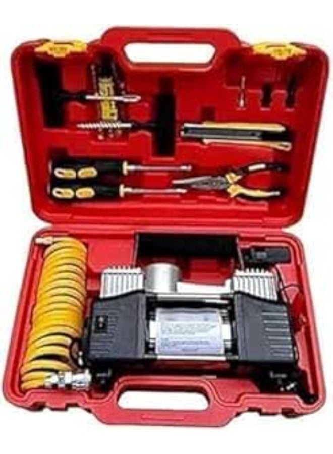 منفاخ هواء 2 بستم شديد التحمل مع صندوق أدوات بلاستيكي متكامل - كمبروسر محمول 12 فولت مع مجموعة معدات الطوارئ لإصلاح الإطارات - Image 1